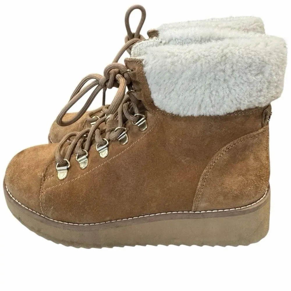 Sam Edelman Franc Suede Hiking Platform Wedge Booties Faux Fur Trim Size 6.5